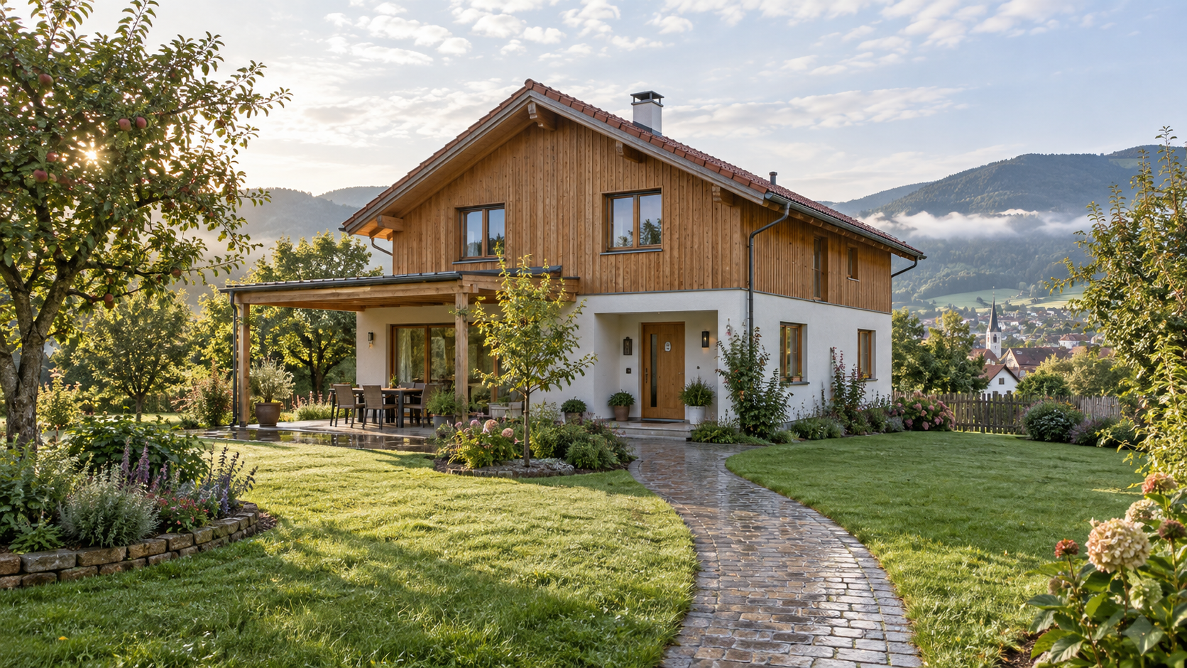 Vollständiges Wohnhaus aus Holz und hellem Putz in einem großzügigen Garten