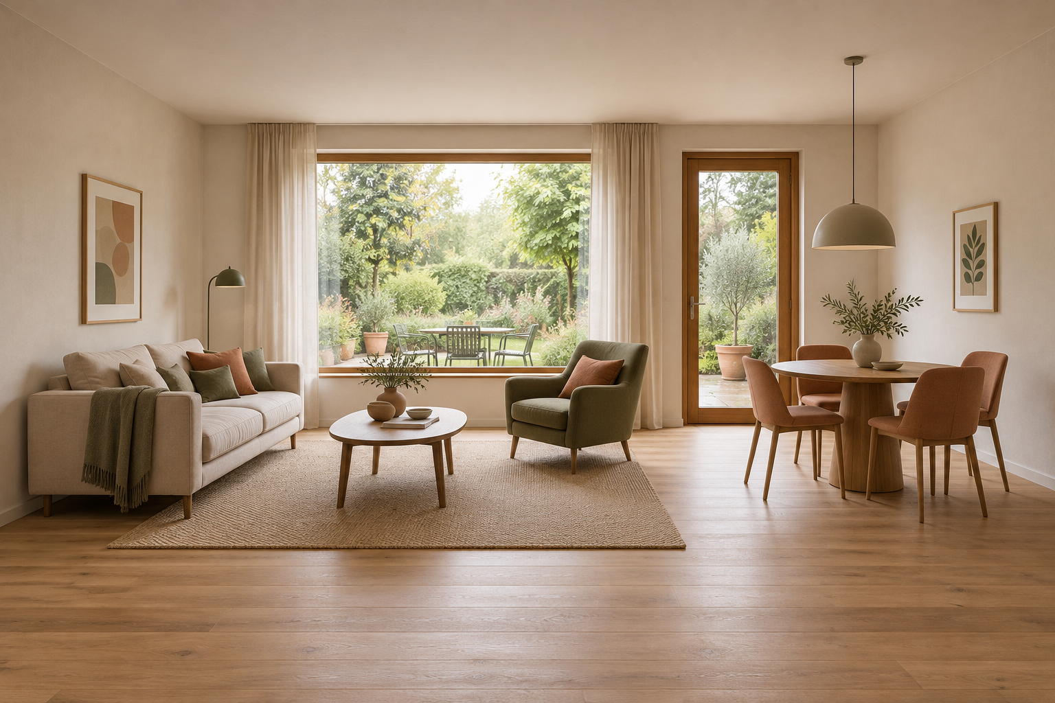 Vollständiger heller Wohnraum mit Sofa, grünem Sessel, Esstisch und Gartenausblick
